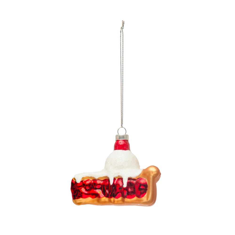 3"H Hand-Painted Glass Cherry Pie La Mode Ornament with Glitter, Multi Color