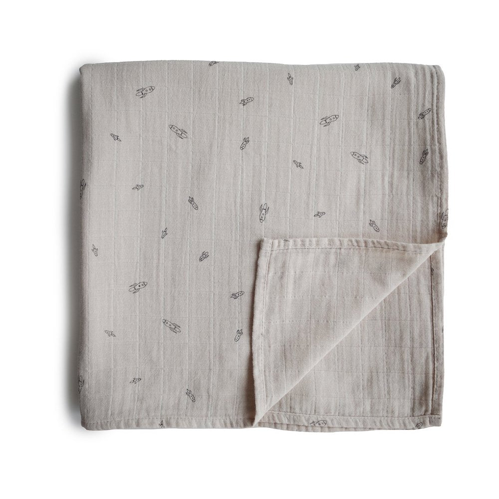 Mushie Organic Cotton Muslin Baby Swaddle - Rocket Ship