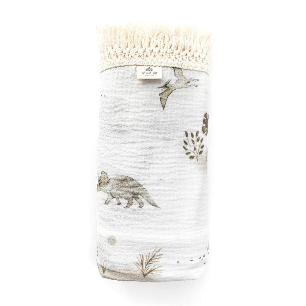 Must be Baby Muslin Fringe Swaddle - Dino