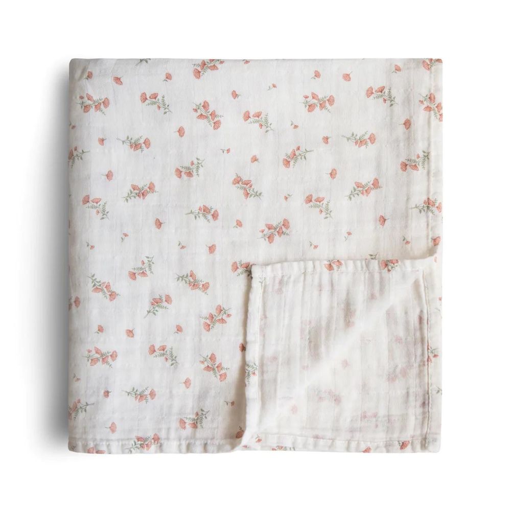 Mushie Organic Cotton Muslin Baby Swaddle - Pink Flowers