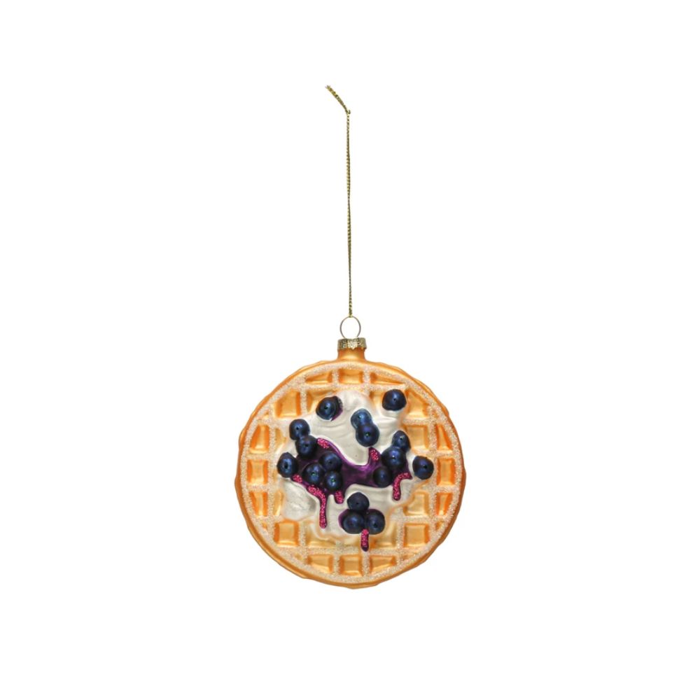 Hand-Painted Blueberry Waffle Ornament with Glitter