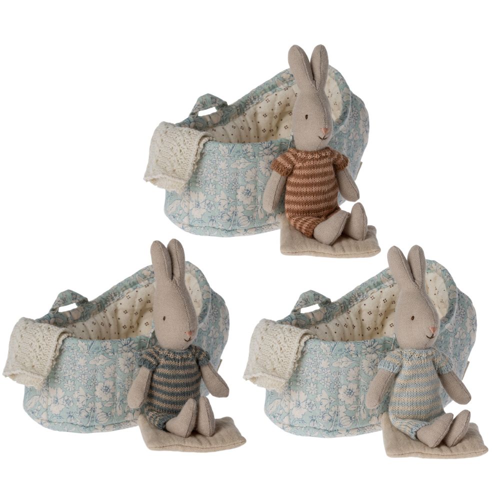 Maileg Rabbit in blue Carry Cot, Micro, Assorted