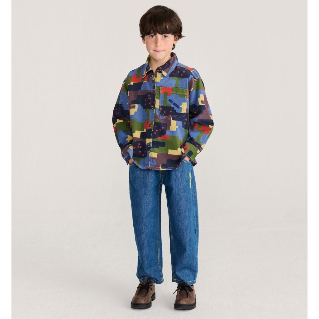 Bobo Choses Paint Forest corduroy shirt in multicolour organic cotton, all over forest print, button front
