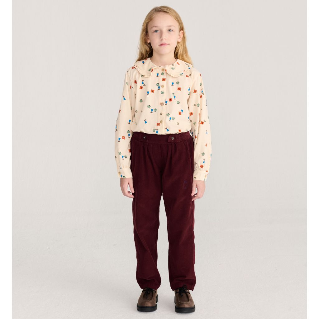 Bobo Choses Curious Owl corduroy pants in burgundy organic cotton, front pleats, relaxed leg