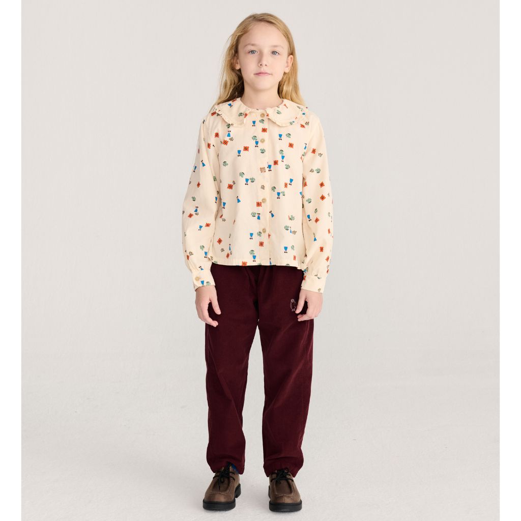 Bobo Choses Curious Owl corduroy pants in burgundy organic cotton, front pleats, relaxed leg
