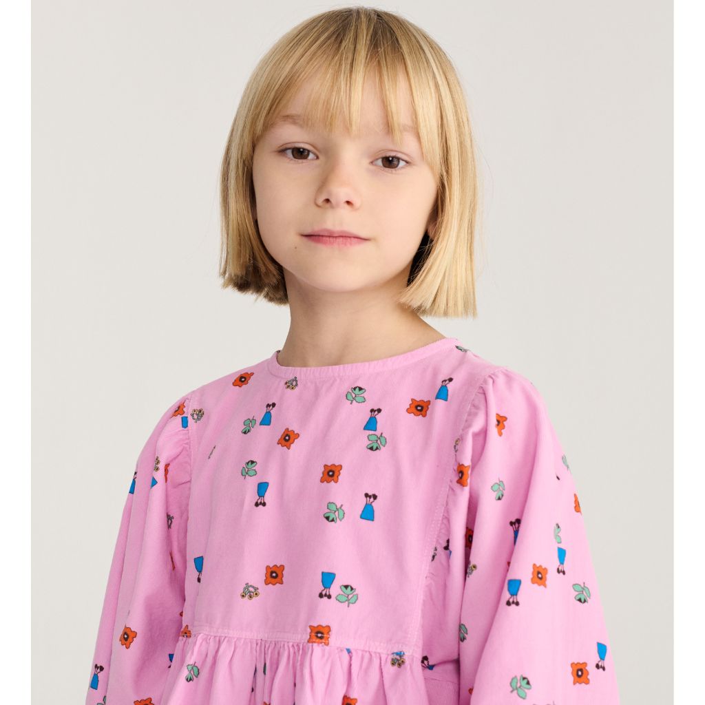 Bobo Choses Blossom woven dress in pink organic cotton, all over floral bloom print