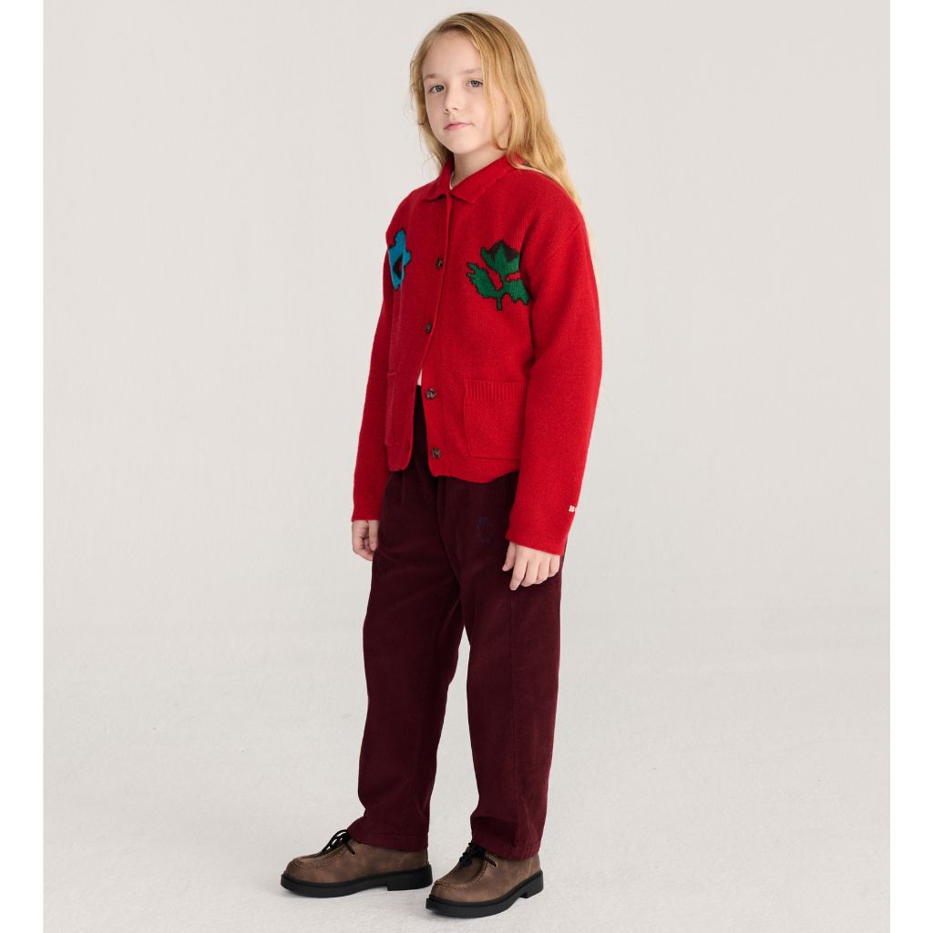 Bobo Choses Blossom cardigan in red recycled wool and cashmere knit, boxy fit, button front