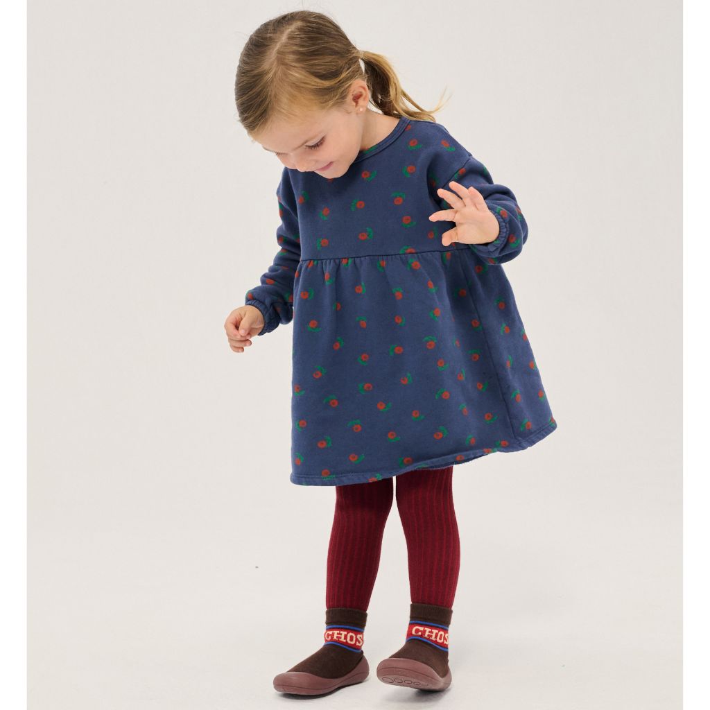 Bobo Choses Baby Stamp Bloom fleece dress in navy brushed cotton fleece, floral print, A-line shape