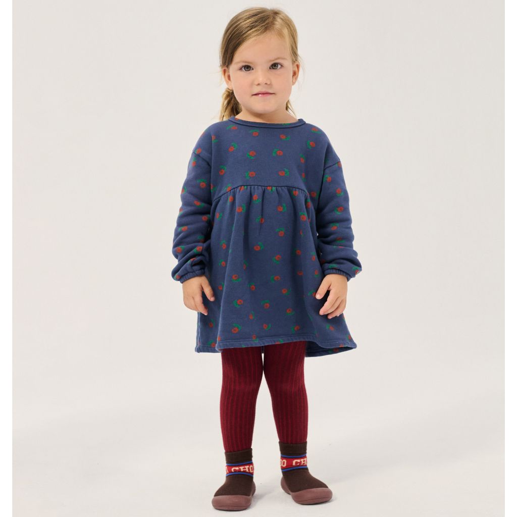 Bobo Choses Baby Stamp Bloom fleece dress in navy brushed cotton fleece, floral print, A-line shape
