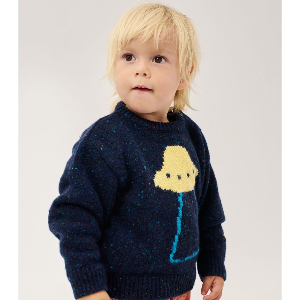 Bobo Choses Baby Pixel Abduction jumper in navy wool blend knit, pixel alien motif, loose fit