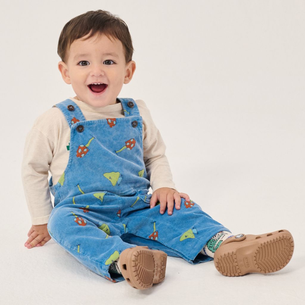 Bobo Choses Baby Mush Monster Duo corduroy overall in blue organic cotton cord, monster print, snaps