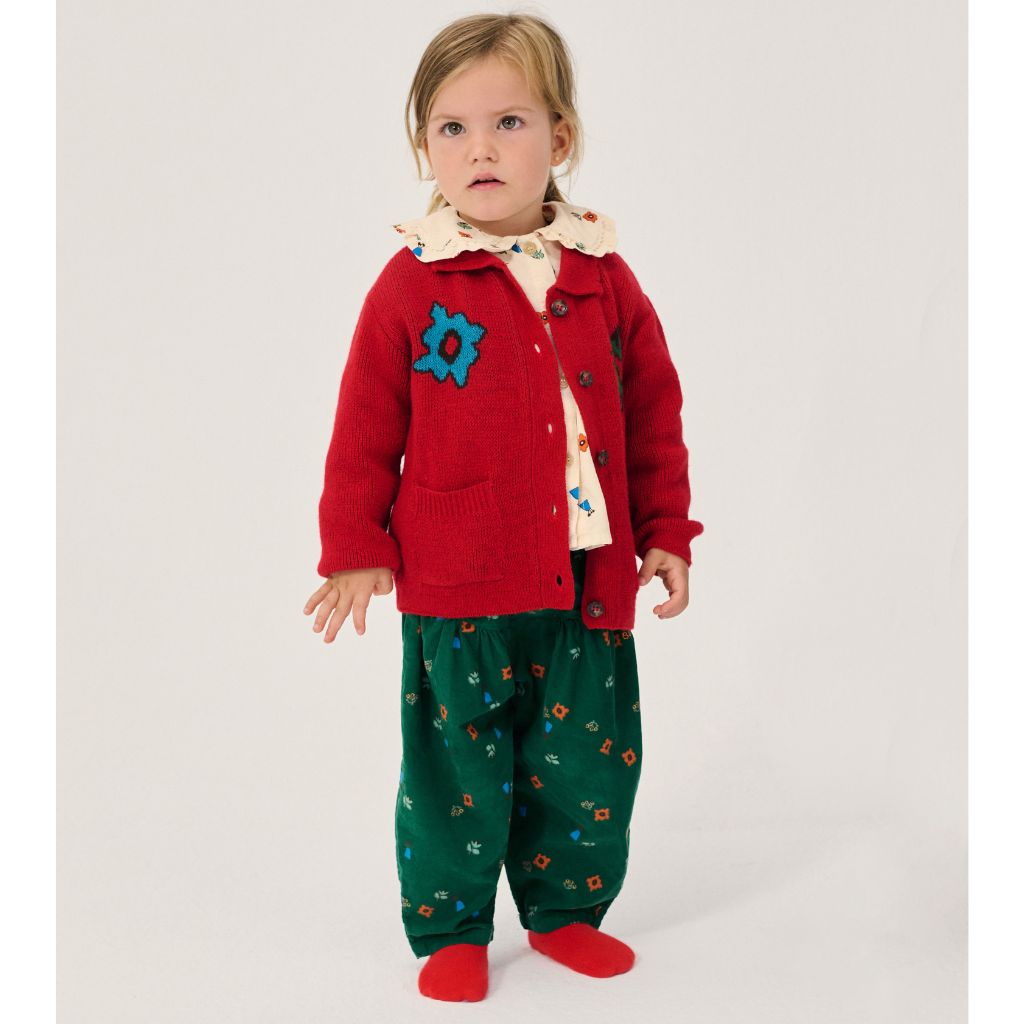 Bobo Choses Baby Blossom cardigan in red recycled wool and cashmere knit, button front
