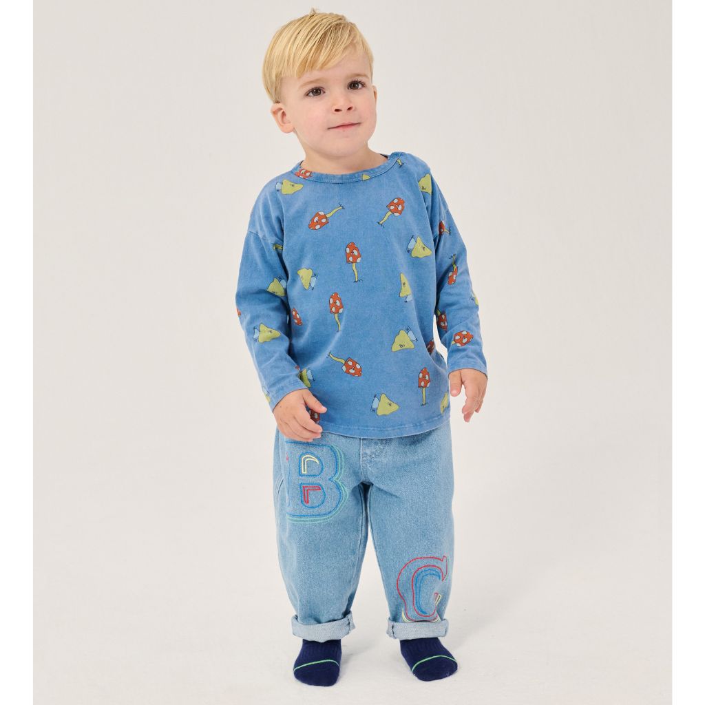 Bobo Choses Baby BC embossed denim pants in blue organic cotton, embossed logo texture, pull on