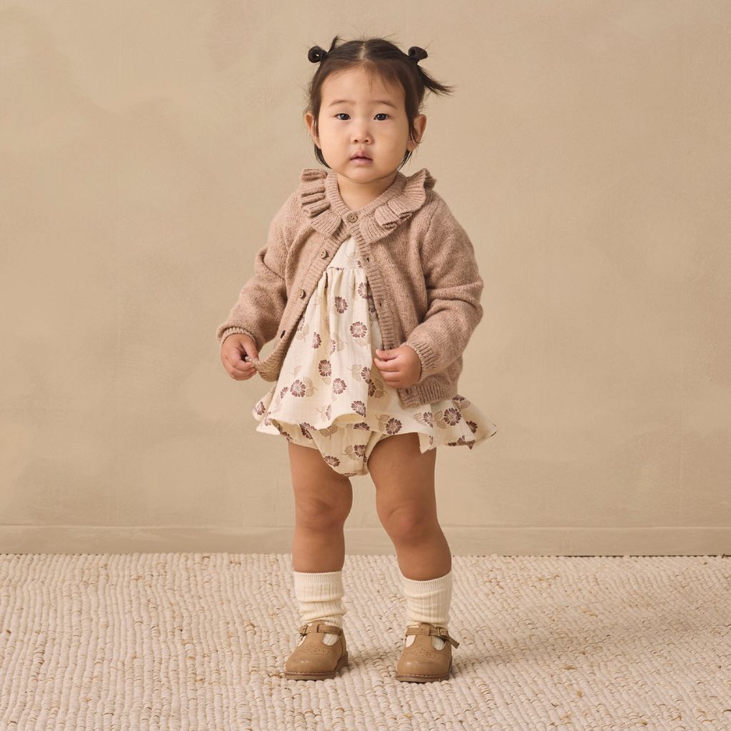 Quincy Mae Ruffle Collar Cardigan Heathered Almond