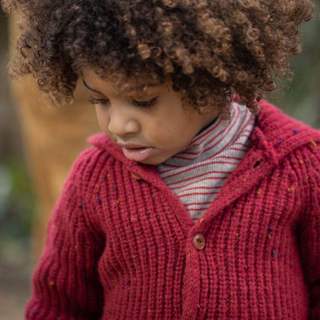 1 + in the Family KELOWNA burgundy baby hooded cardigan in ribbed knit with a button front