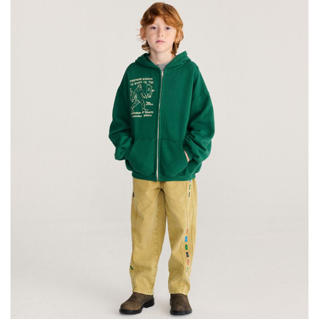 Bobo Choses Mr. Footish zipped hoodie in dark green organic cotton, full zip front, hood, loose fit