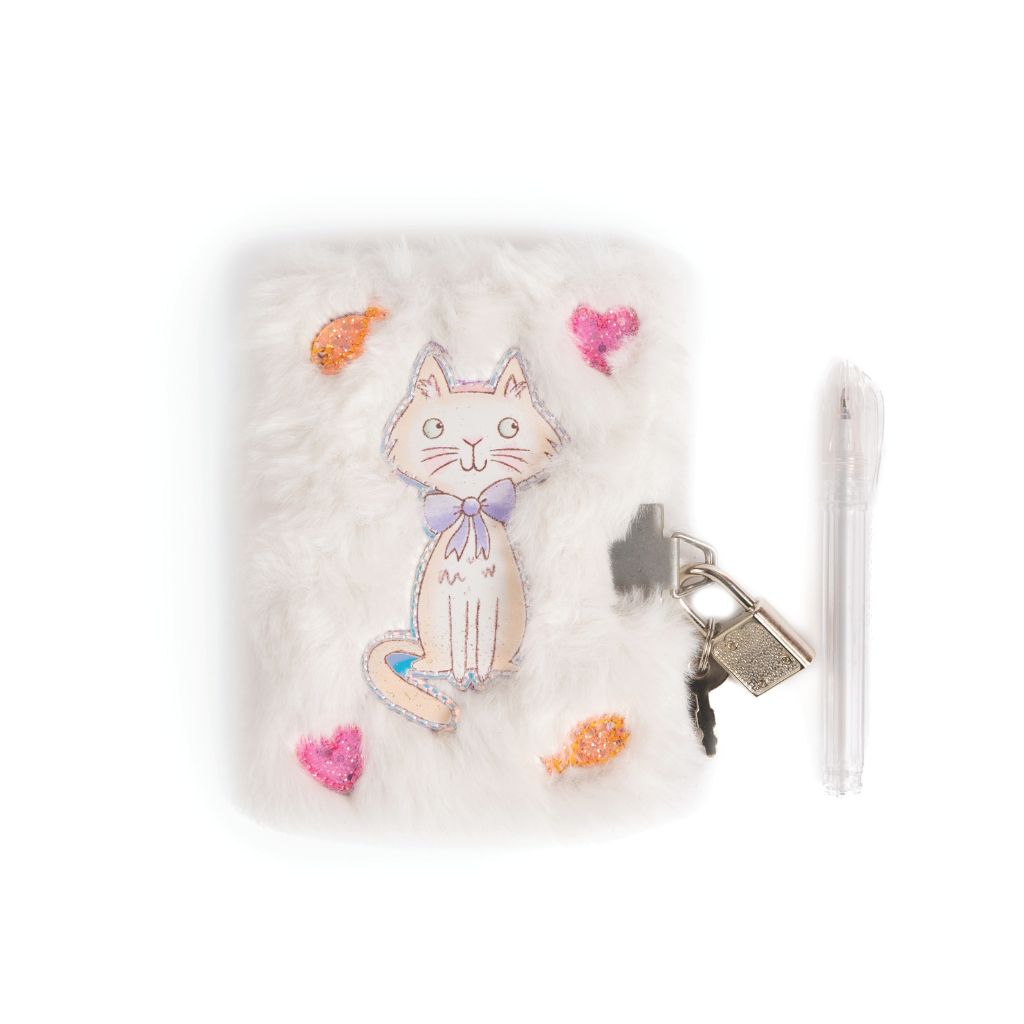 Great Pretenders Cuddle Cat Mini Furry Journal with Pen, Lock, & 2 Keys, White