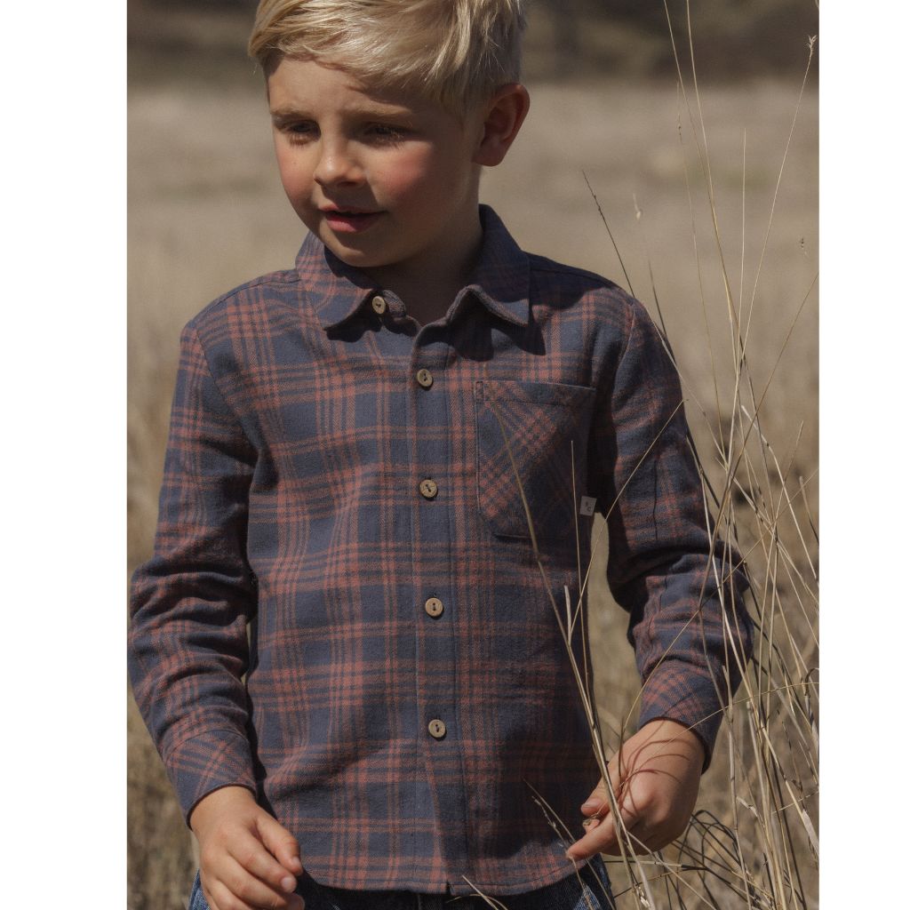 Rylee + Cru Collared Long Sleeve Shirt Midnight Plaid M