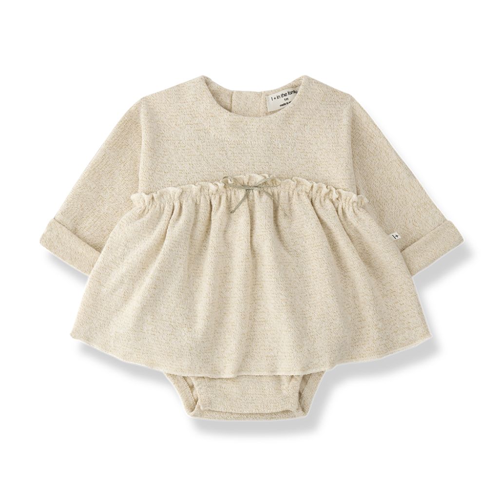 1 + in the Family CONQUES ivory newborn dress with attached bodysuit in lurex fleece, bow at waist