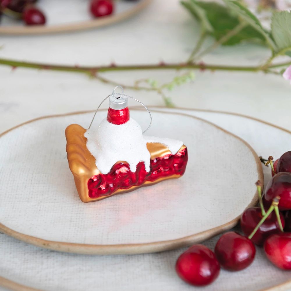 3"H Hand-Painted Glass Cherry Pie La Mode Ornament with Glitter, Multi Color