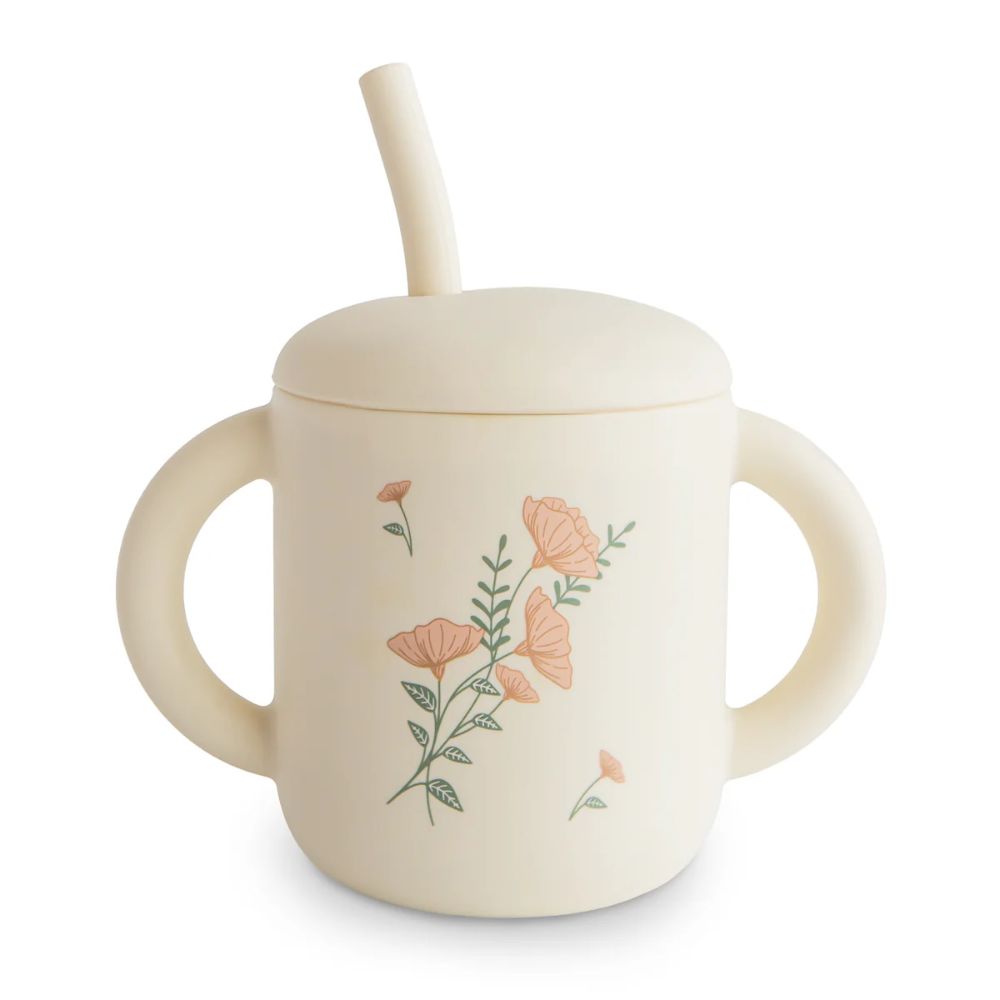 Mushie Silicone Training Cup and Straw - Pink Flowers