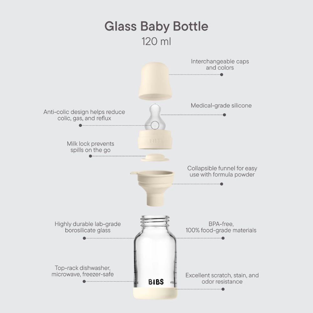 BIBS Glass Baby Bottle Round Silicone 1 pack 120 ml Slow Flow Ivory