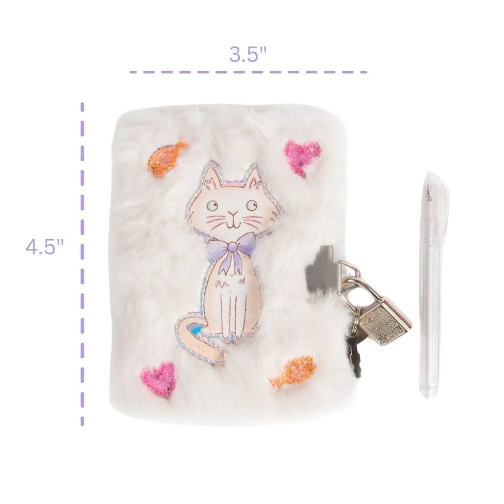 Cuddle Cat Mini Furry Journal with Pen, Lock, & 2 Keys, White