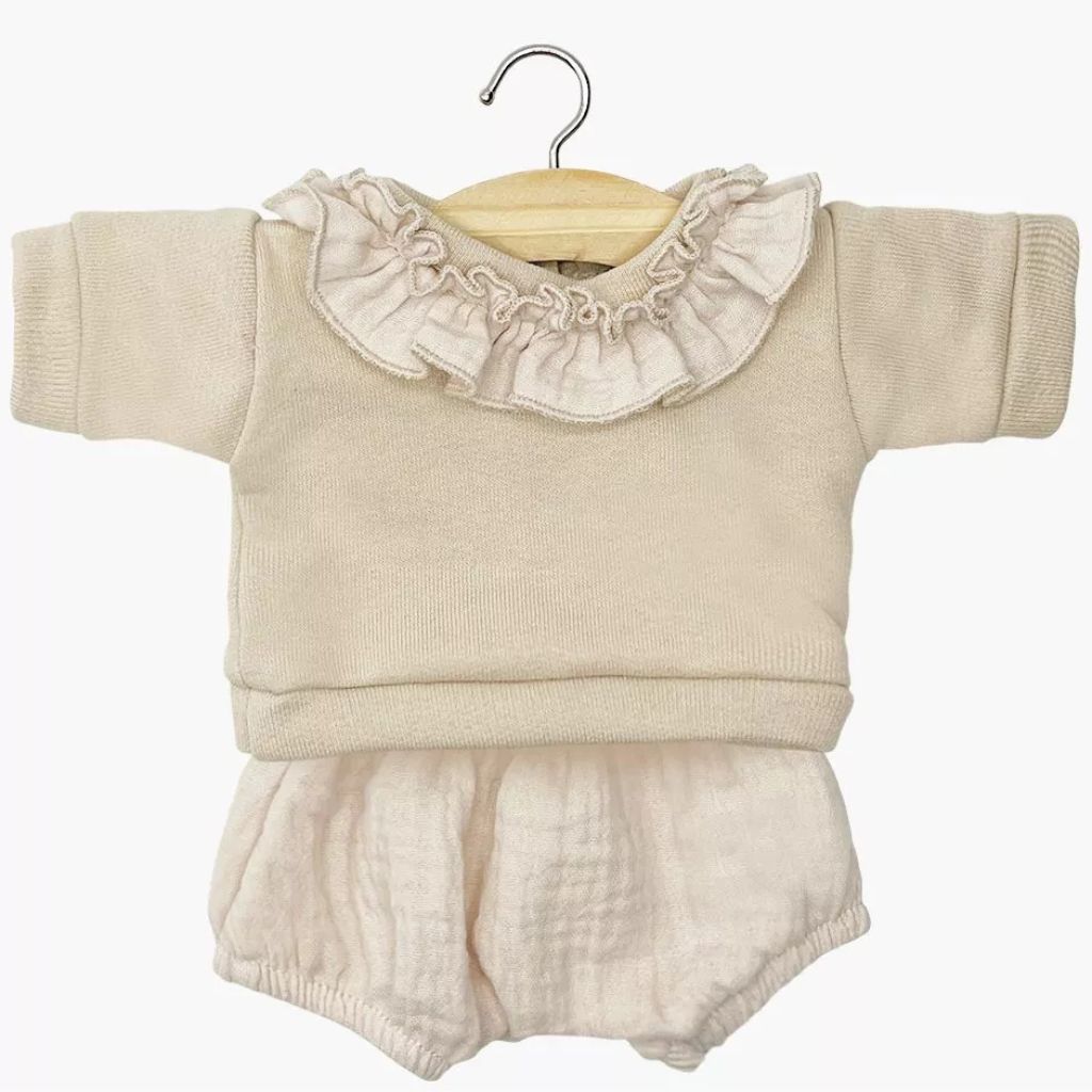 Minikane Babies Collection 28cm- Marion set: linen fleece top with collar and putty bloomers