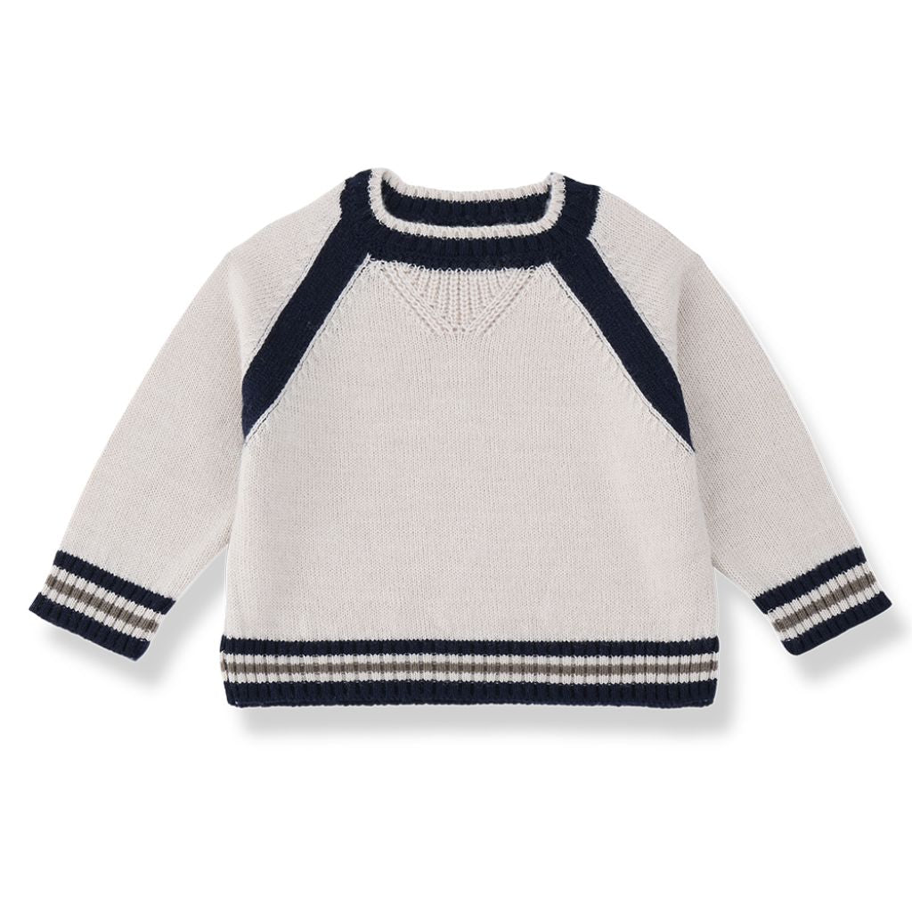 1 + in the Family MILANO cream baby knitted pullover in wool blend with navy tipped ribbing