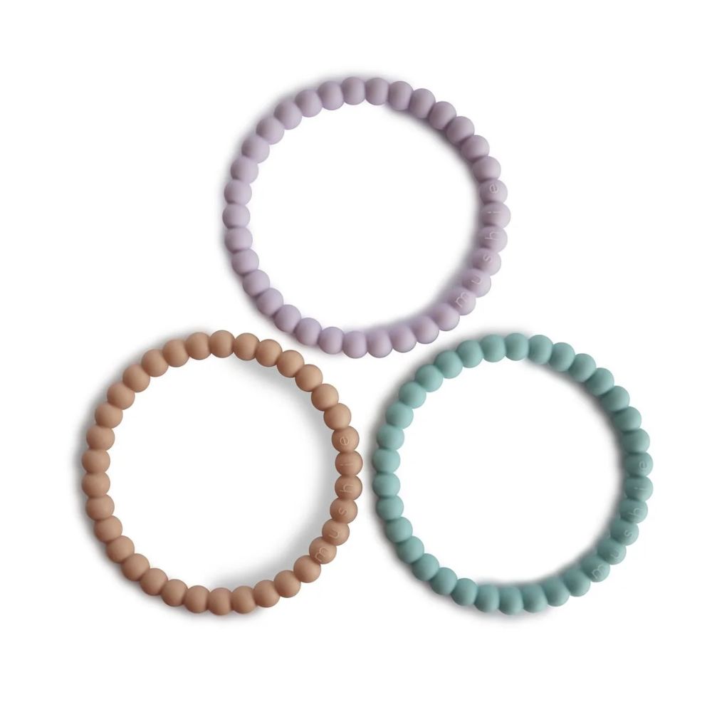 Mushie Pearl Teether Bracelet - Lilac/Cyan/Soft Peach