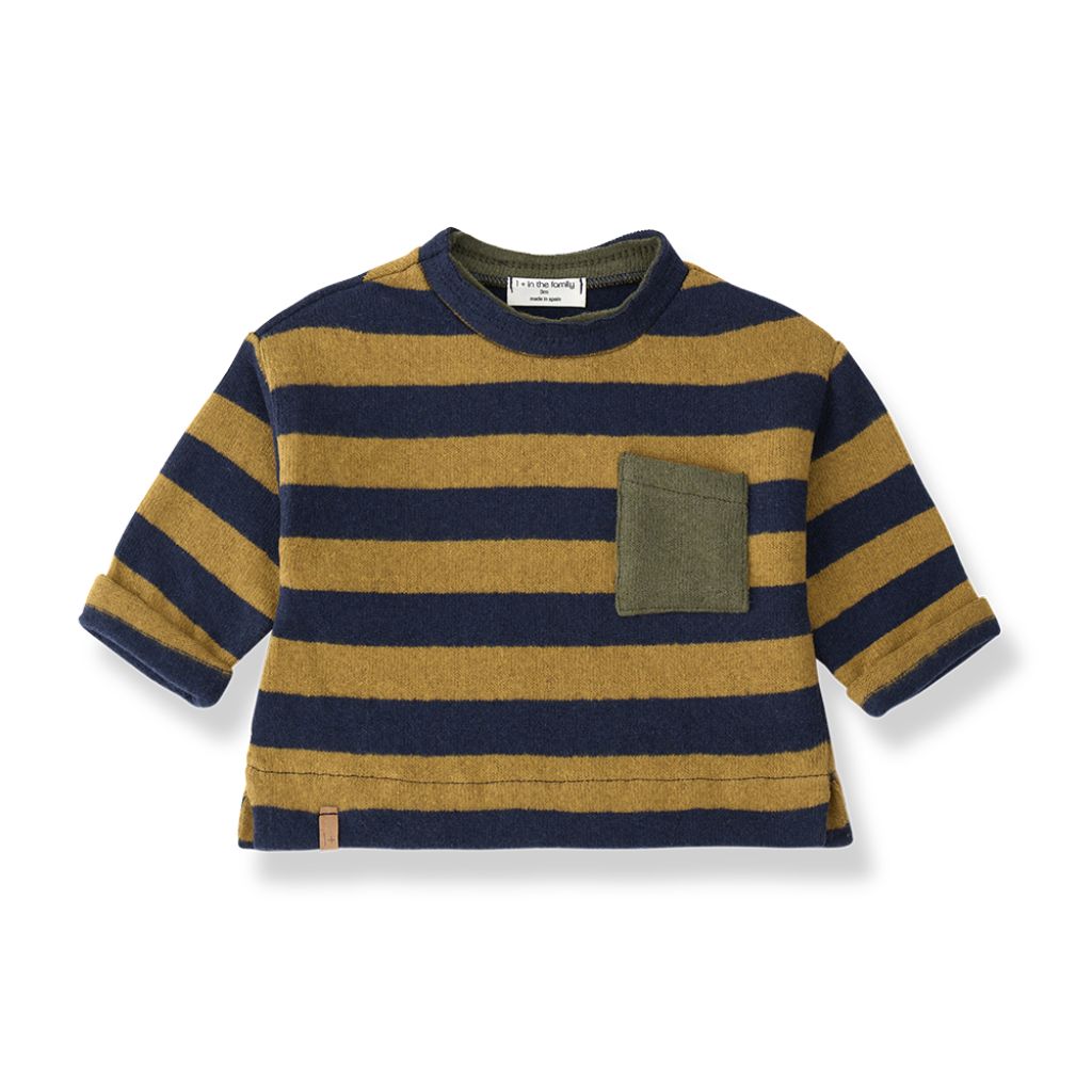 1 + in the Family KASBA ochre striped baby sweater in soft fleece with a chest pocket