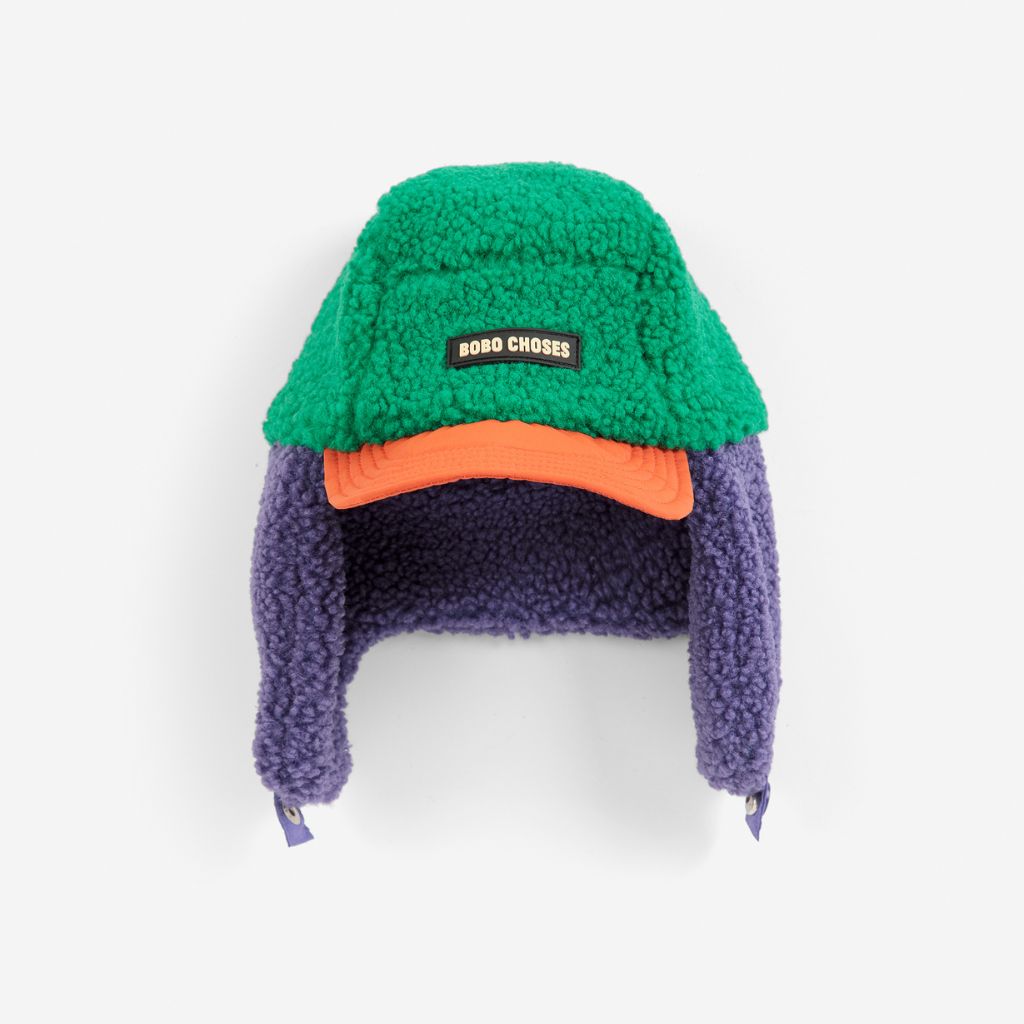 Bobo Choses Color Block sheepskin chapka kids hat in multicolour, lined ear flaps, chin ties