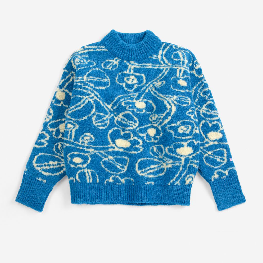 Bobo Choses Sketchy Flowers jacquard jumper in blue wool blend knit, sketched floral motif, loose fit