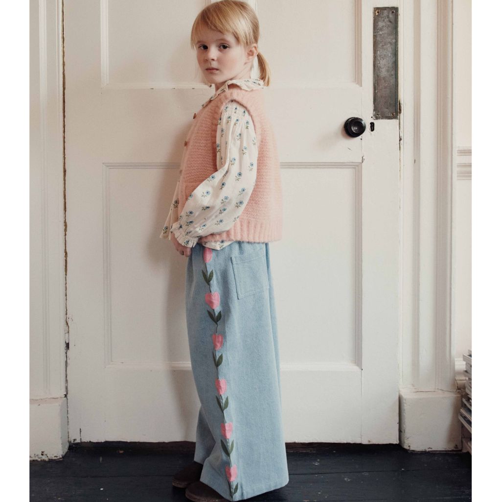 Emile & Ida Embroidered Tulip Denim Pants Washed Blue