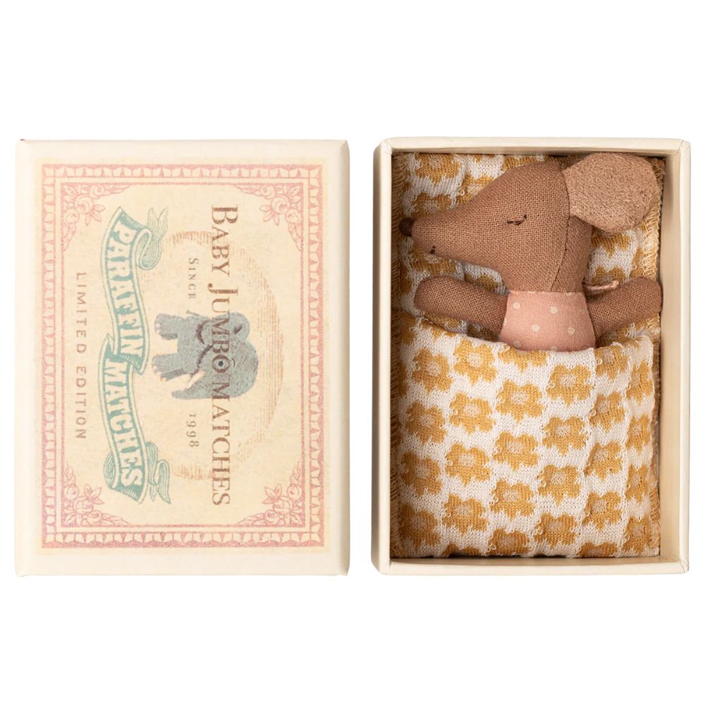 Maileg Sleepy Wakey baby mouse in matchbox - Rose