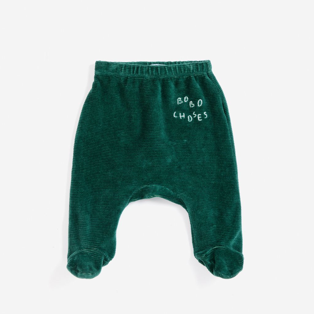 Bobo Choses Baby velvet footed leggings in green organic cotton velvet, built in feet, slim fit