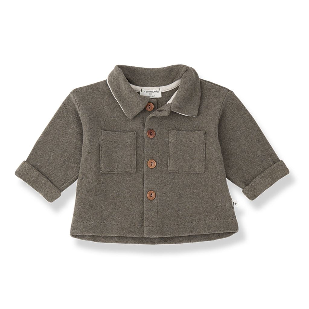 1 + in the Family TRENTO taupe baby overshirt in soft plain fleece with a collar and chest pockets