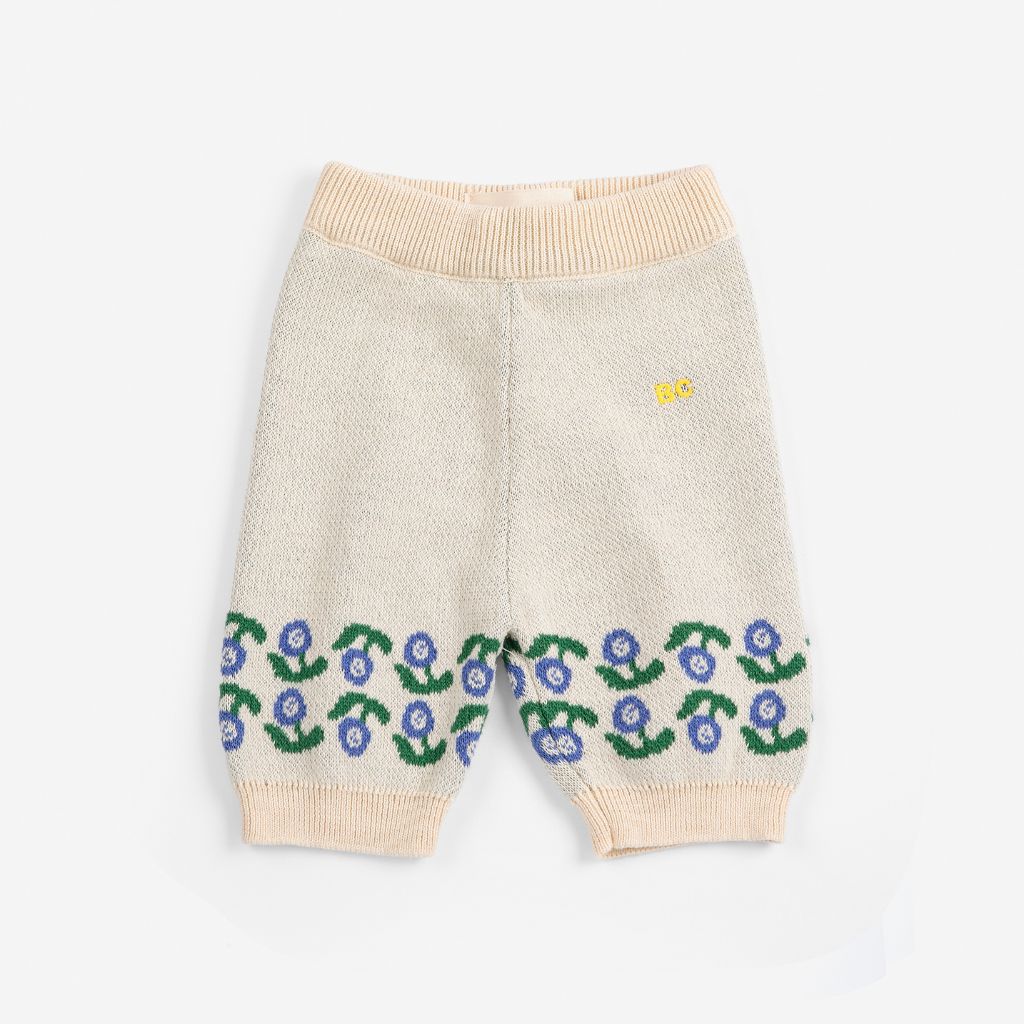 Bobo Choses Baby Stamp Bloom knitted pants in cream organic cotton knit, rib waist, straight leg