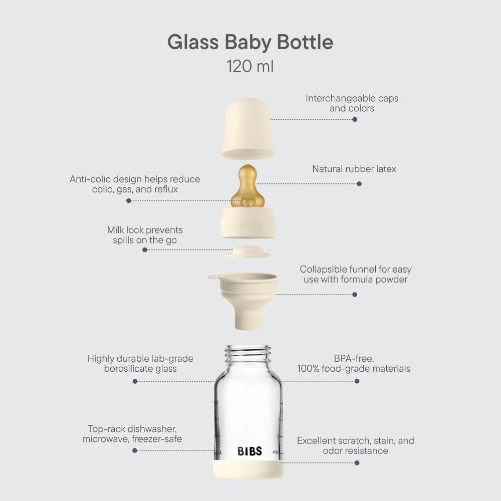 BIBS Glass Baby Bottle Round Latex 1 pack 120 ml Slow Flow Sage