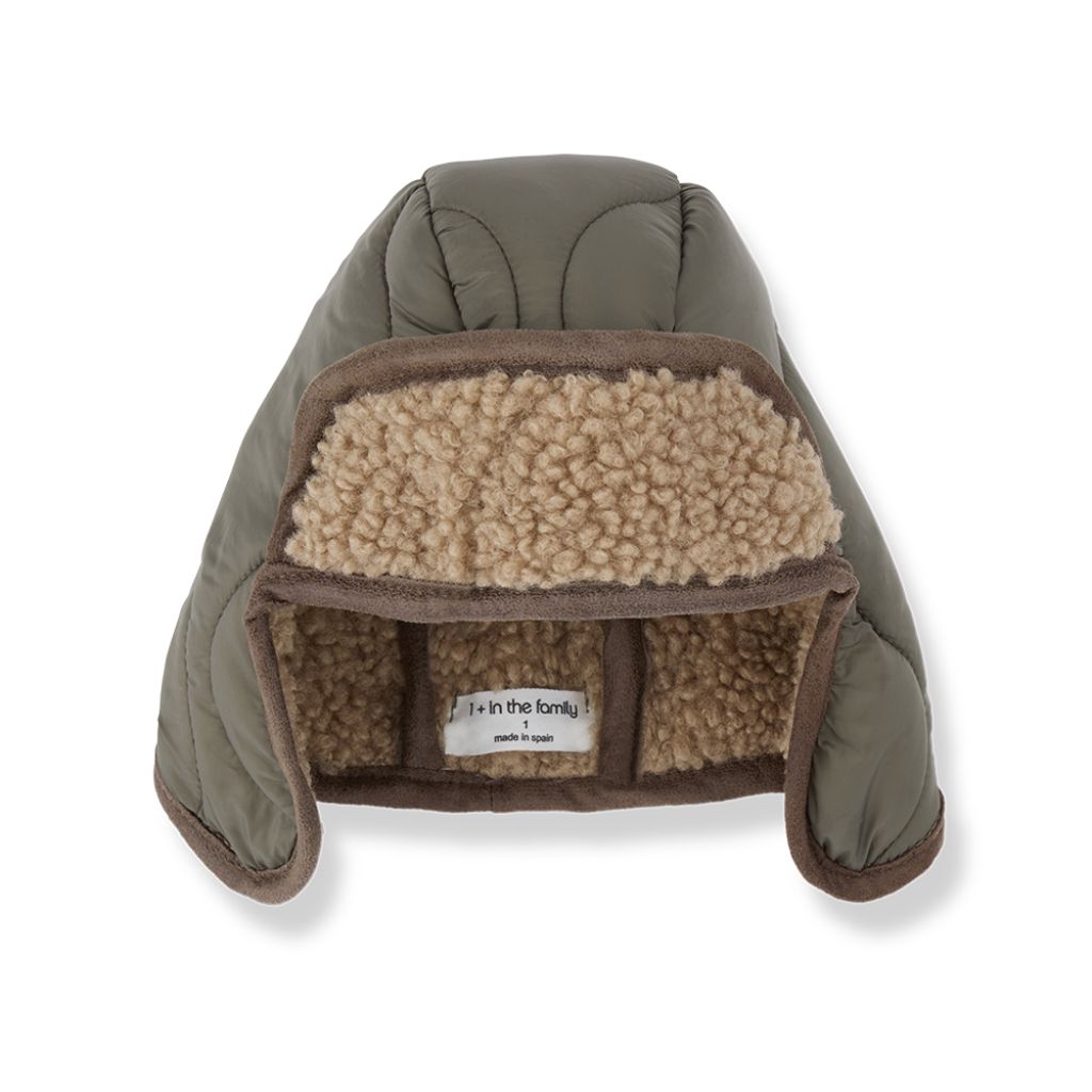 1 + in the Family YUKON khaki baby chapka hat in padded microfiber with sherpa-lined earflaps