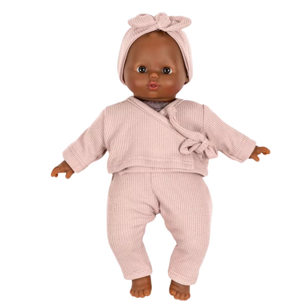 Minikane Babies Collection 28cm- Roxane wrap-over set in petal pink ribbed knit with headband