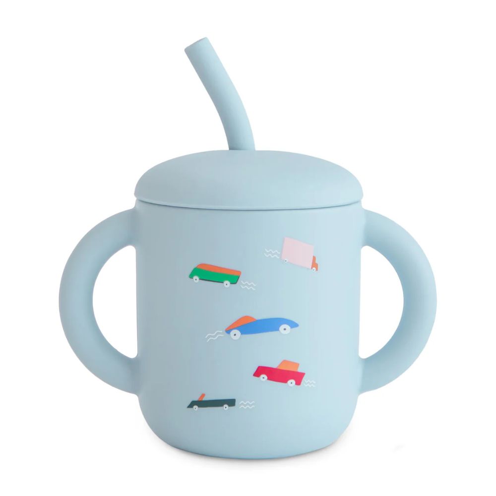Mushie Silicone Training Cup and Straw - Retro Cars