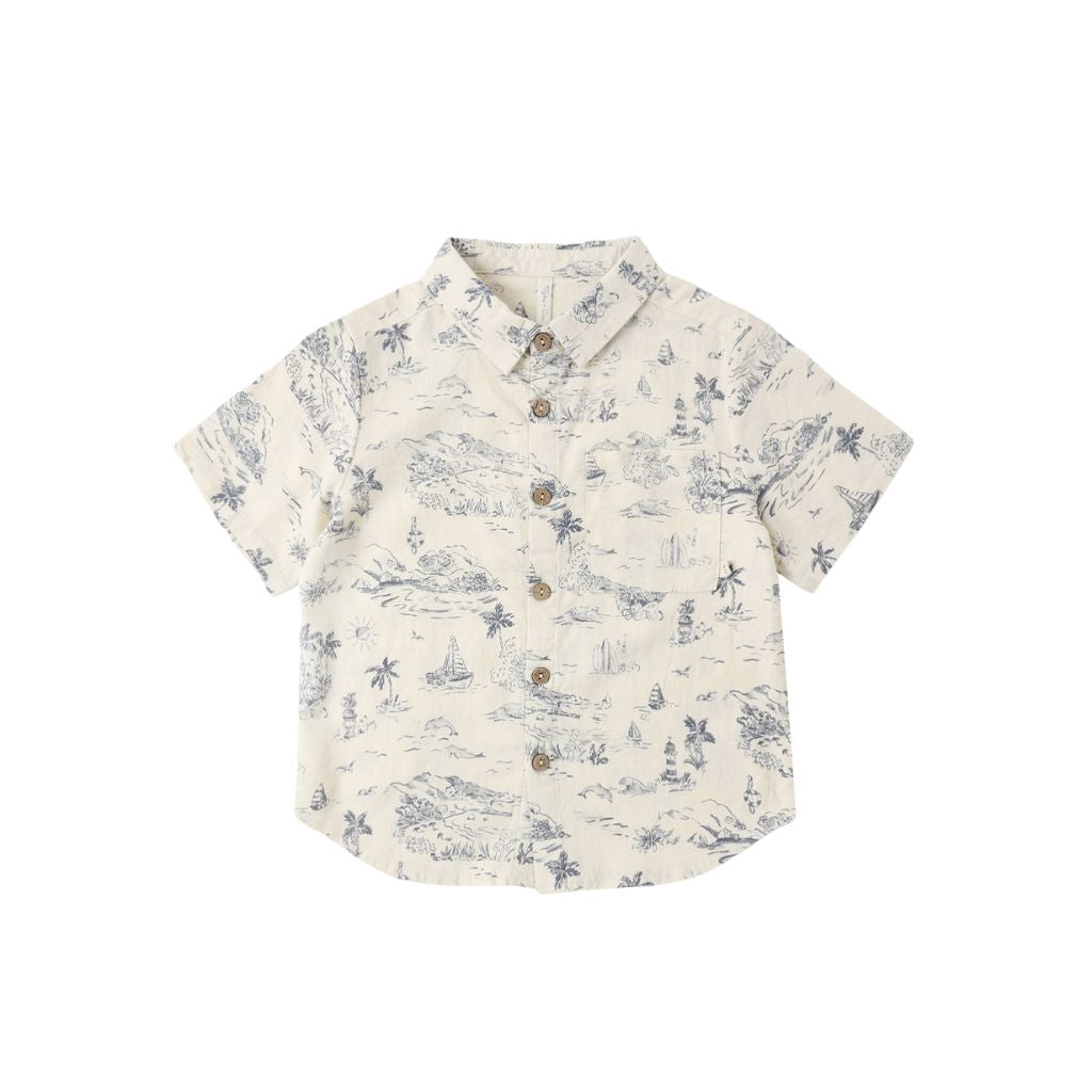 Rylee + Cru Collared Short Sleeve Shirt Ocean Toile