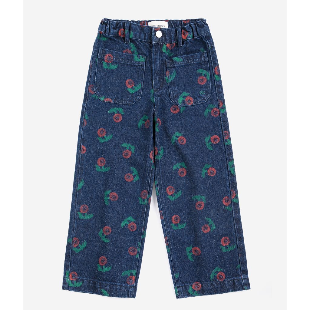Bobo Choses Stamp Bloom denim pants in navy organic cotton, all over stamped floral print