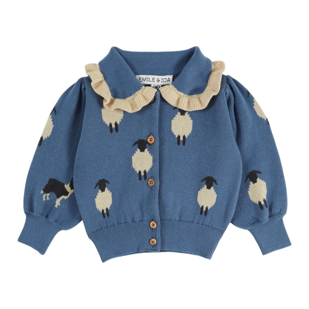 Emile & Ida Jacquard Ruffle Collar Cardigan Blue Sheep