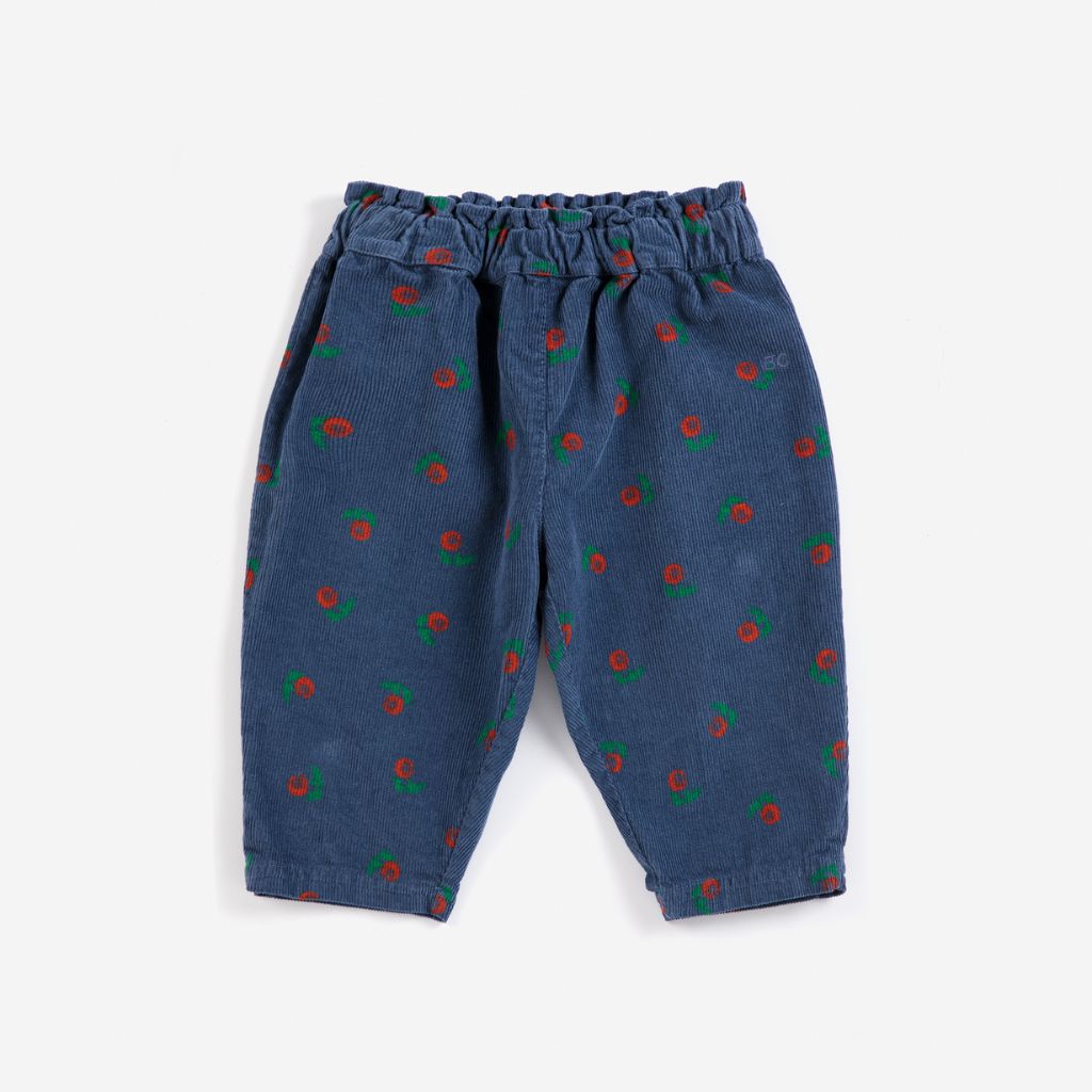 Bobo Choses Baby Stamp Bloom corduroy pants in navy organic cotton cord, stamped floral print, relaxed