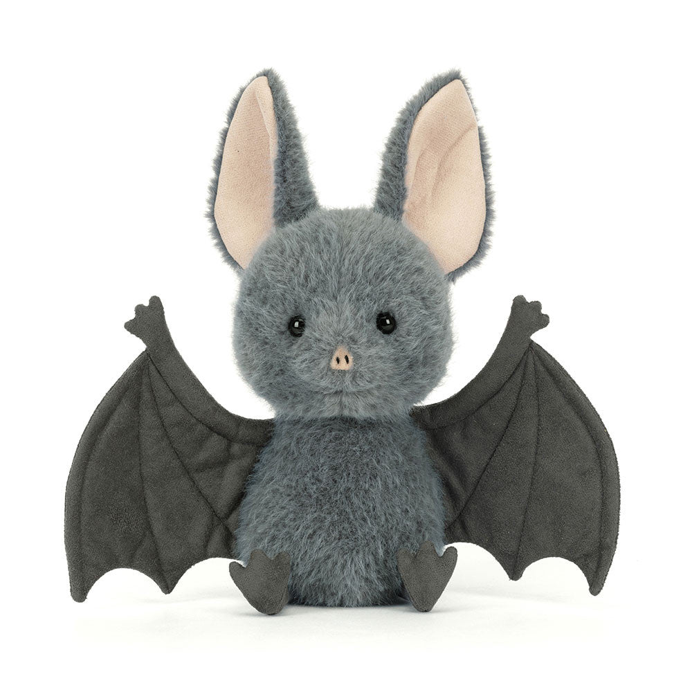 Jellycat Broox Bat, a soft polyester Halloween bat plush soft toy with hard beady eyes