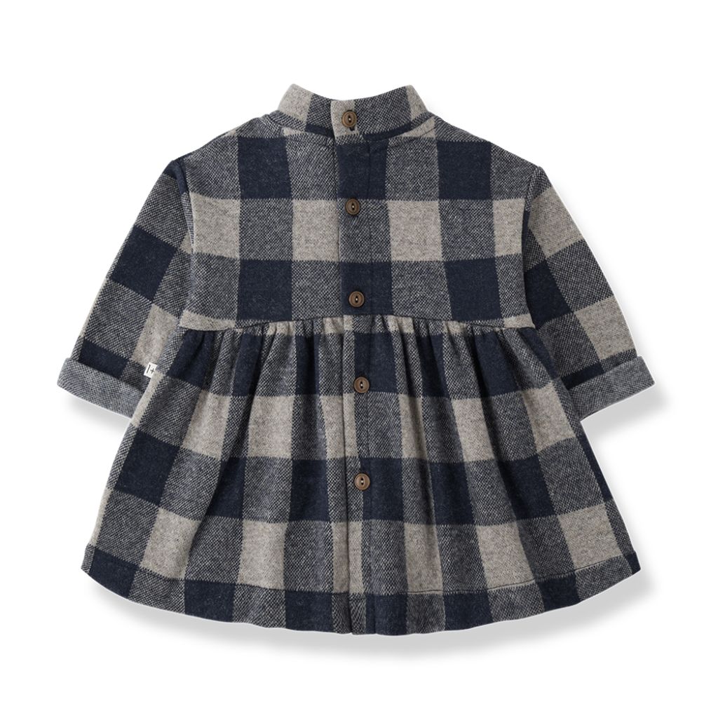 1 + in the Family PERUGIA blue gingham baby dress in fleece with a collar and gathered skirt