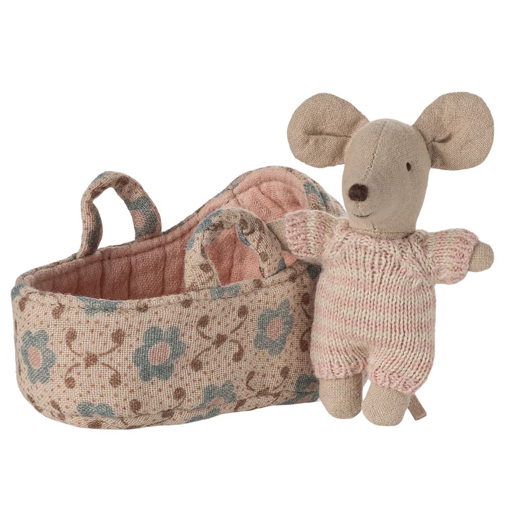 Maileg Baby mouse in Carry Cot - Rose