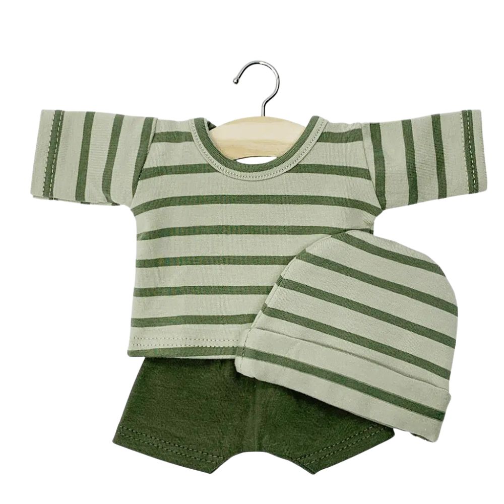 Minikane Clothing for 34cm Gordis Dolls- Luigi set of khaki green striped jersey sailor top and plain shorts with hat